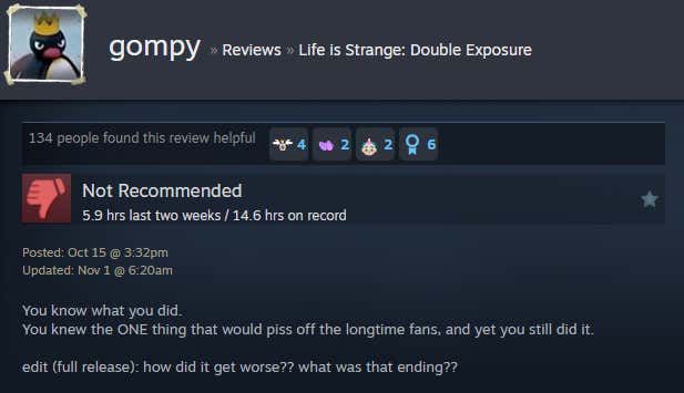 Screenshot showing a Steam review for Life is Strange: Double Exposure.